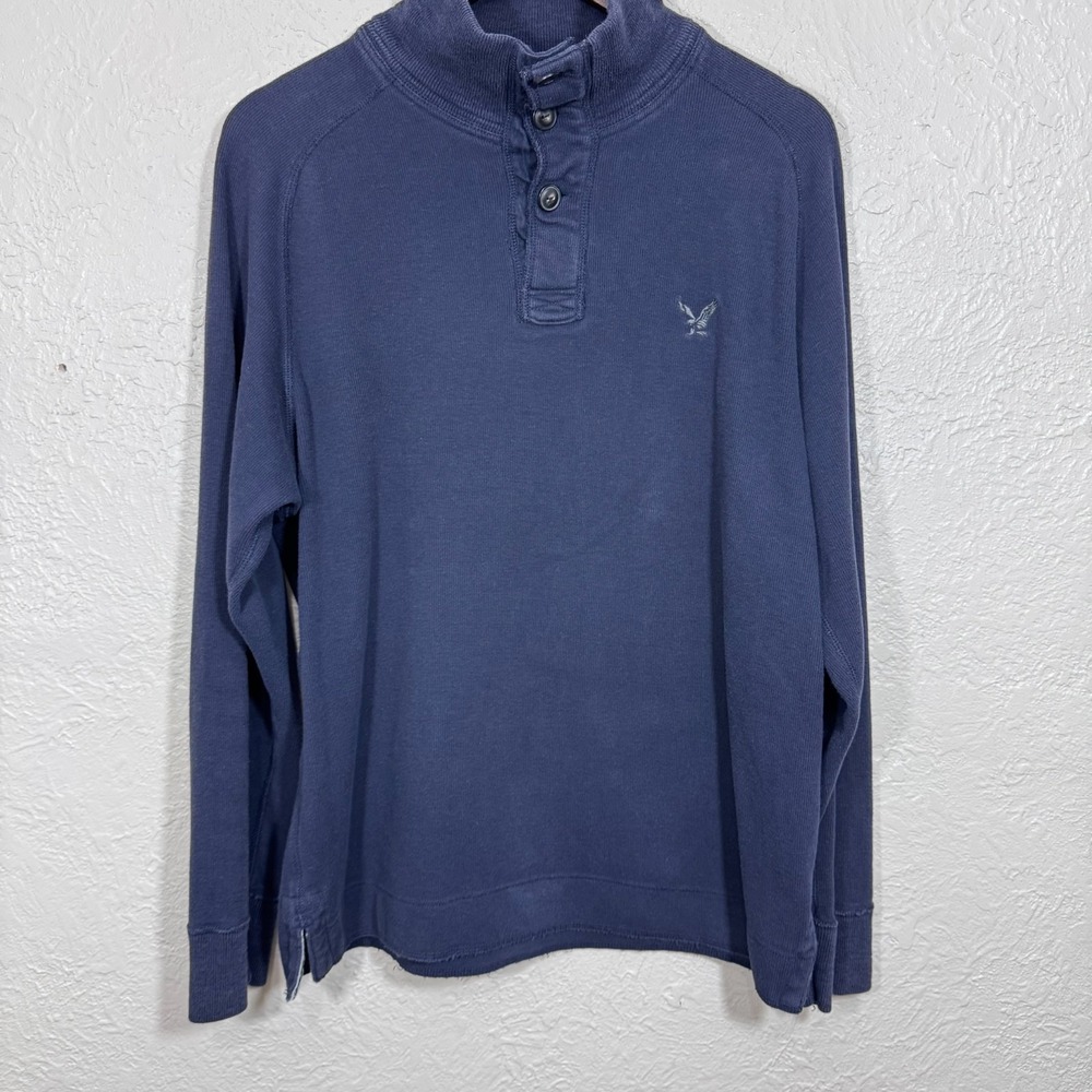 American Eagle Y2K Henley Sweater XL Pullover Navy Athletic 100% Cotton Preppy